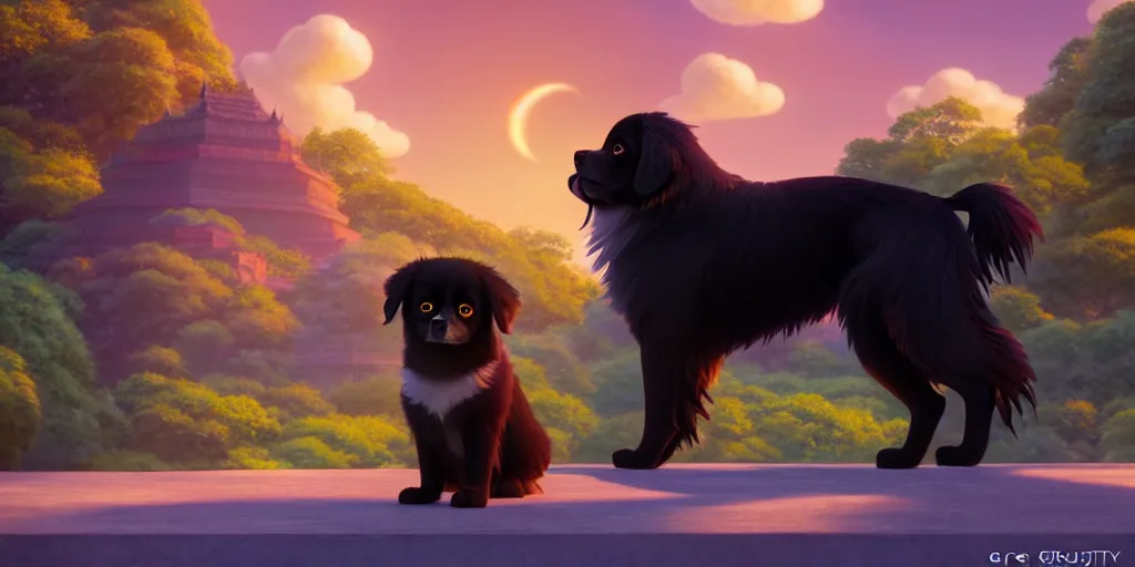 Image similar to a wholesome animation key shot of a black tibetan spaniel, thai temple in the background, studio ghibli, pixar and disney animation, sharp, rendered in unreal engine 5, anime key art by greg rutkowski, bloom, dramatic lighting