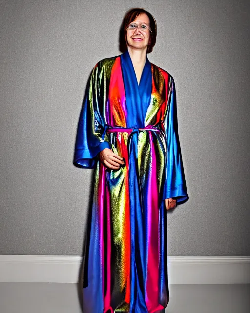 Prompt: a woman in metallic multicolored long robes