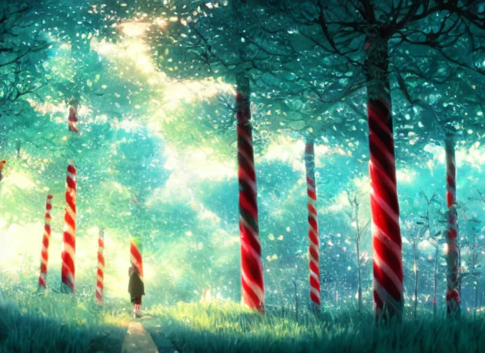 Prompt: lost in a candycane forest, anime scenery by Makoto Shinkai