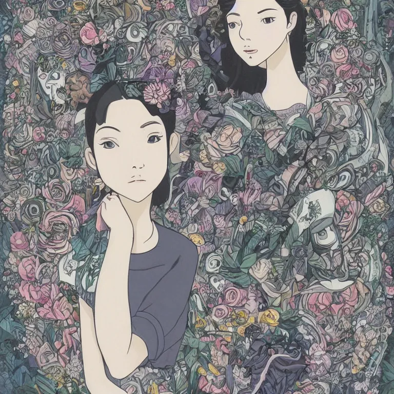 Prompt: young goddess, beautiful symmetrical face detailed face, realistic proportions, wearing a dark grey dress, peering from behind an enormous conical pile of skulls with flowers in the background, lush painting in the style of studio ghibli