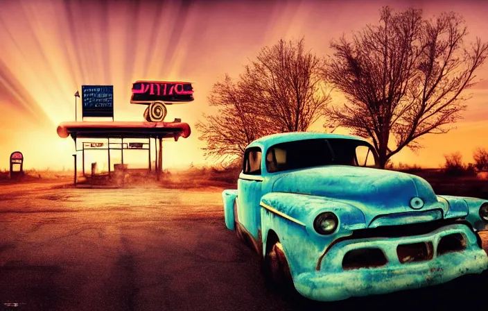 Image similar to a sunset light landscape with historical route 6 6, lots of sparkling details and sun ray ’ s, blinding backlight, smoke, volumetric lighting, colorful, octane, 3 5 mm, abandoned gas station, old rusty pickup - truck, beautiful epic colored reflections, very colorful heavenly, softlight