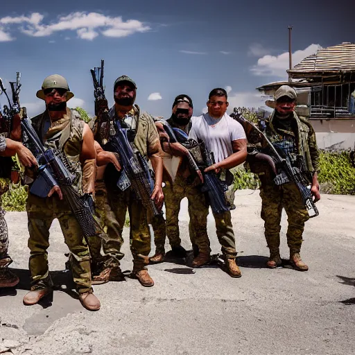 Prompt: heavily armed battalion of drug cartel members with fully decked - out equipment, long shot photography, harsh overhead sunlight, midday, summer, high - key lighting