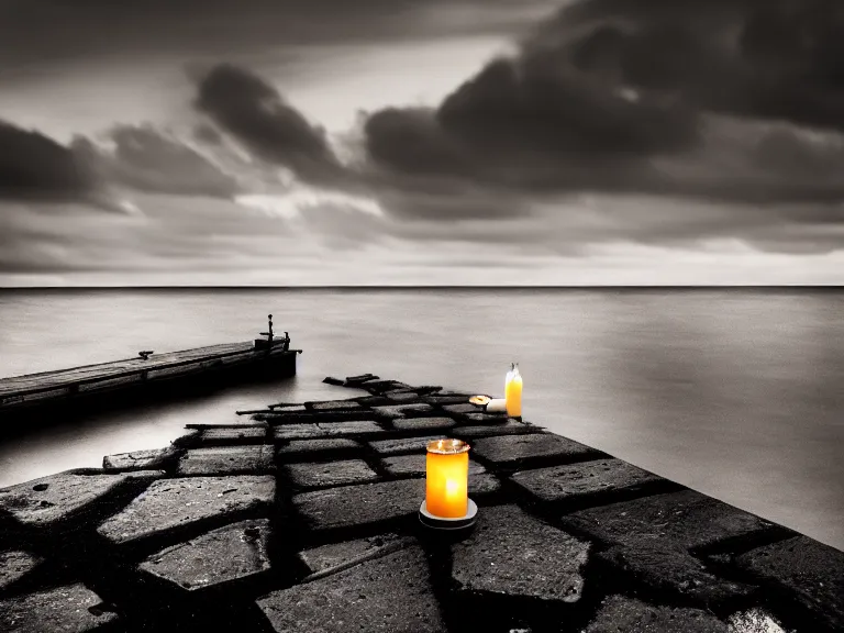 Image similar to a forgotten wharf on a cold sea by zacharias aagaard, hyperrealism, high contrast, low light, desaturated, grey mist, cobblestones, orange candle flames, volumetric lighting