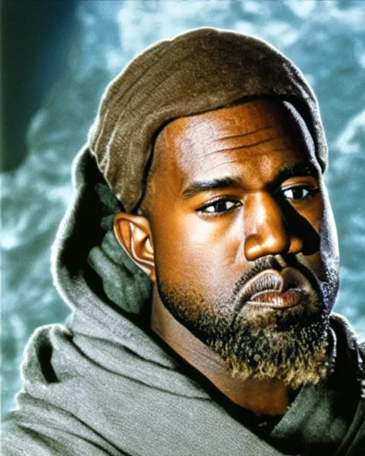 Image similar to film still close - up shot of kanye west as obi - wan kenobi from the movie return of the jedi. photographic, photography