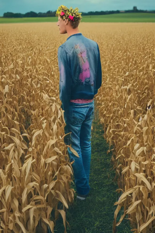 Image similar to agfa vista 4 0 0 photograph of a skinny blonde guy standing in a cornfield, flower crown, back view, grain, moody lighting, telephoto, 9 0 s vibe, blurry background, vaporwave colors!, faded!,