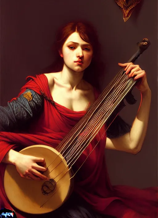 Prompt: bard playing lute, full body, hyper realistic, extremely detailed, dnd character art portrait, dark fantasy art, intricate fantasy painting, dramatic lighting, vivid colors, deviantart, artstation, by edgar maxence and caravaggio and michael whelan and delacroix.