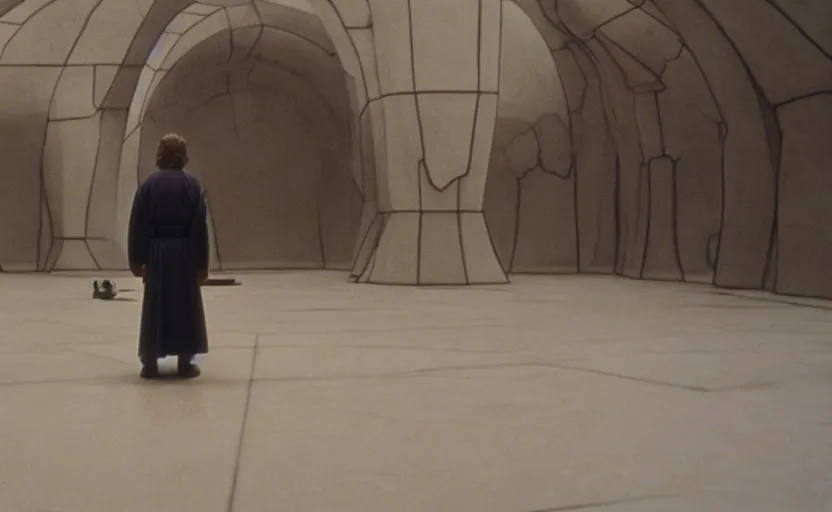 Image similar to screenshot of master Luke Skywalker alone in a a Jedi Temple, objects floating around him, iconic scene from the 1970s thriller directed by Stanely Kubrick film, color kodak, ektochrome, anamorphic lenses, detailed faces, moody cinematography