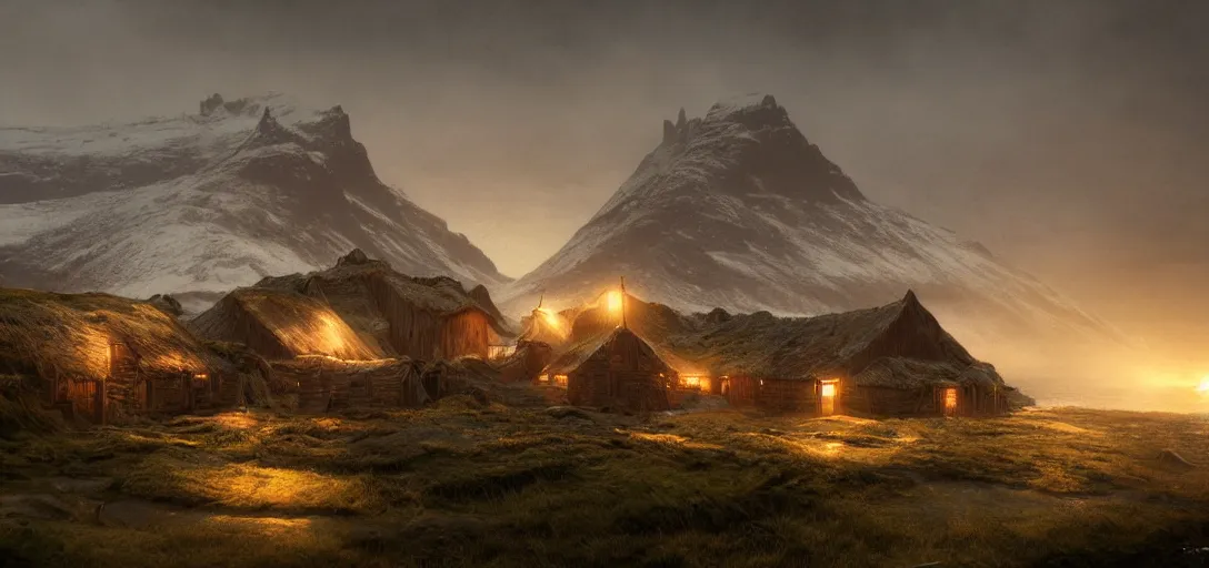 Prompt: a viking village on the coast of iceland, dynamic lighting, volumetric, bokeh, cinematic, establishing shot, extremly high detail, photo realistic, cinematic lighting, post processed, concept art, artstation, matte painting, style by eddie mendoza, raphael lacoste, alex ross
