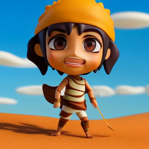 Image similar to cartoon funny arabian warrior as nendoroid walking in a desert in the croods movie style, anime, disney, pixar, 8 k, hd, dof, kodak film, volumetric lighting, subsurface scattering, photorealistic, octane render, details