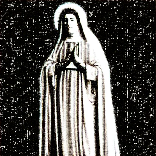 Image similar to vhs static overlay of marian apparition, vhs, 1 9 9 0, highly realistic, highly detailed, vhs noise static, black and white, vhs glitch