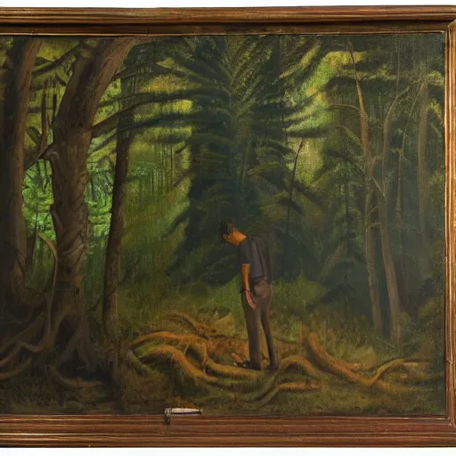 Prompt: a man looking in the forest to see an oversized terrifying monster, dramatic oil painting