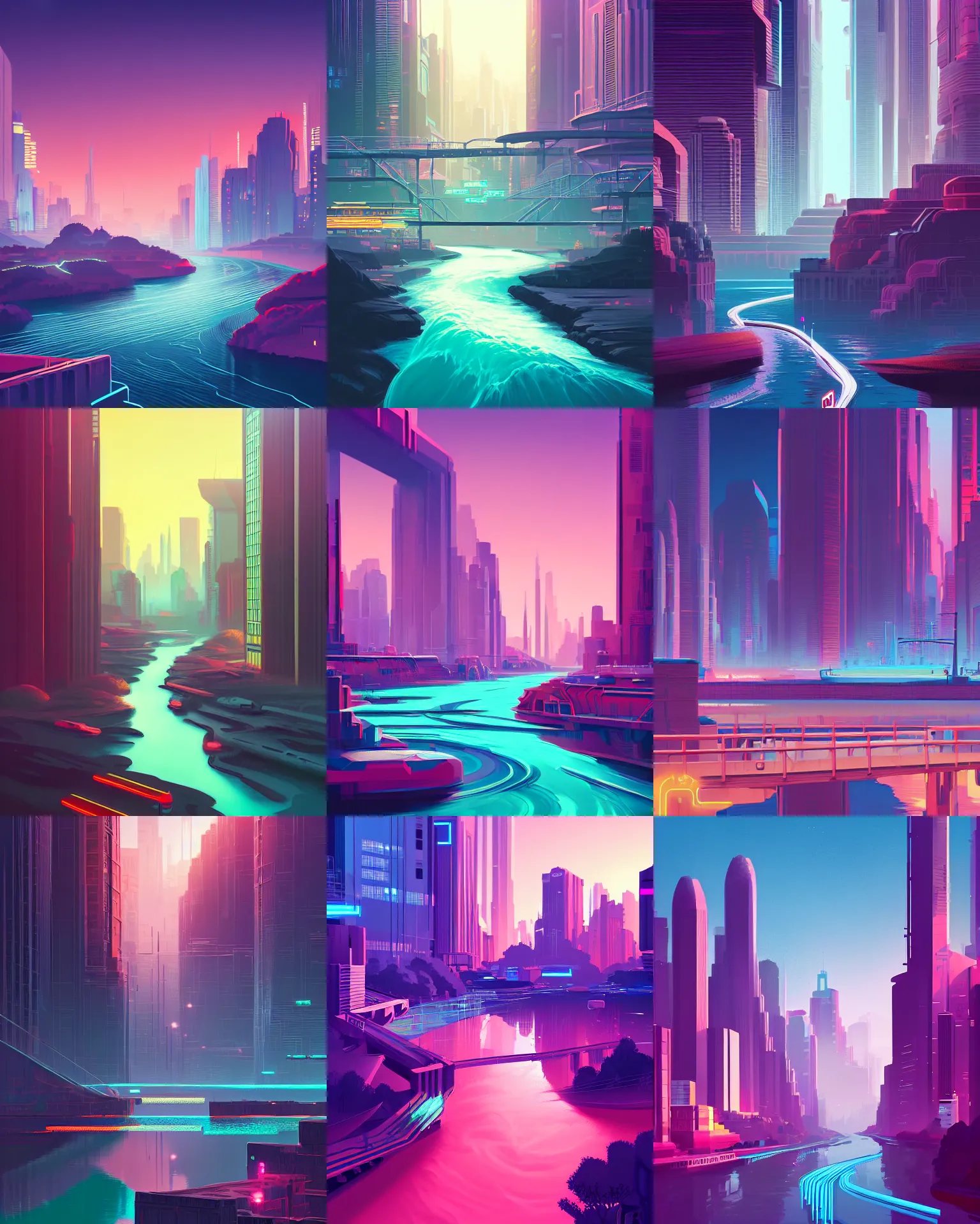 Prompt: a digital painting of a river running through a city, a matte painting by james gilleard, behance contest winner, retrofuturism, synthwave, cityscape, 2 d game art