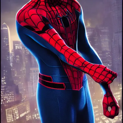 Image similar to ryan reynolds as spider - man, wearing a black and blue suit, cinematic, volumetric lighting, f 8 aperture, cinematic eastman 5 3 8 4 film, photorealistic by greg rutkowski, by stanley artgerm, by alphonse mucha