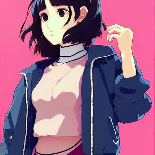 Prompt: a beautiful! boyish! natalie portman alluring gravure! model, wearing oversized mayan bomber jacket and leotard with overalls, bulky poofy bomber jacket with mayan patterns, aztec street fashion, gapmoe yandere grimdark, trending on pixiv, painted by greg rutkowski makoto shinkai takashi takeuchi studio ghibli