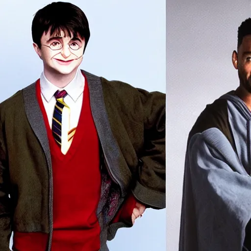 Prompt: Daniel Radcliffe as Harry Potter next to Will Smith in Fresh Prince of Bell Air