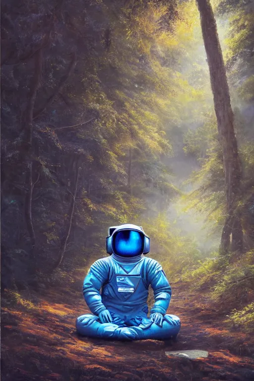 Image similar to blue astronaut meditating in the forest, oil on canvas, intricate, portrait, 8k highly professionally detailed, HDR, CGsociety