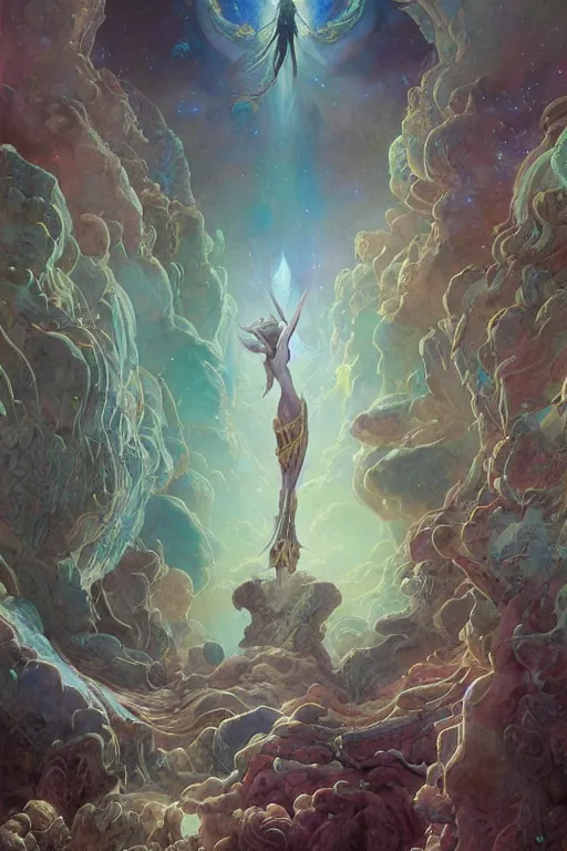 Prompt: god of nebula portals, fantasy drawing, ultra realistic, wide angle, art nouveau, intricate details, rainbowshift, vivid colors, highly detailed by peter mohrbacher, wayne barlowe, maxfield parrish, aaron horkey, gaston bussiere, craig mullins