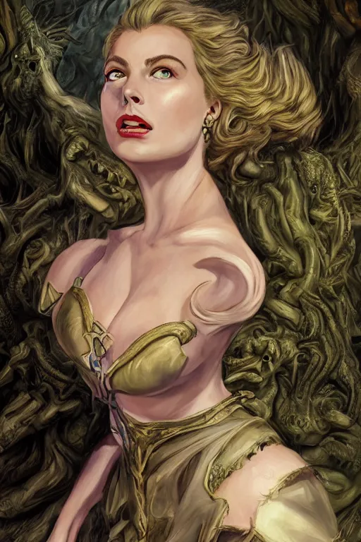 Image similar to A fantasy comic book style portrait painting of Ingrid Bergman, Anya Taylor-Joy, Cory Chase, hybrid, as an Atlantean Reptilian Warrior, François Boucher, Oil Painting, Mystical Valkyrie, unreal 5, DAZ, hyperrealistic, octane render, Regal, Refined, Detailed Digital Art, RPG portrait, Michael Cheval, Walt Disney (1937), William-Adolphe Bouguereau, Steampunk, dynamic lighting, Highly Detailed, Cinematic Lighting, Unreal Engine, 8k, HD