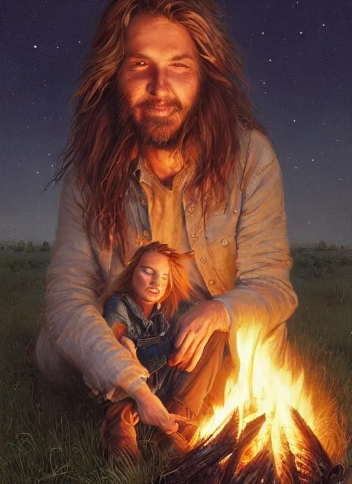 Image similar to highly detailed portrait of long - haired hillbilly around a bonfire with his fluffy australian shepherd, blonde hair, stephen bliss, art by greg rutkowski, loish, rhads, ferdinand knab, makoto shinkai and lois van baarle, artgerm, pixar, ilya kuvshinov, rossdraws, tom bagshaw, global illumination