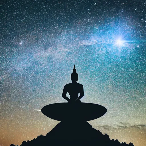 Image similar to Film still of silhouette of indian statue, sukhasana, starry sky, flying saucer, with radiating hill, full shot