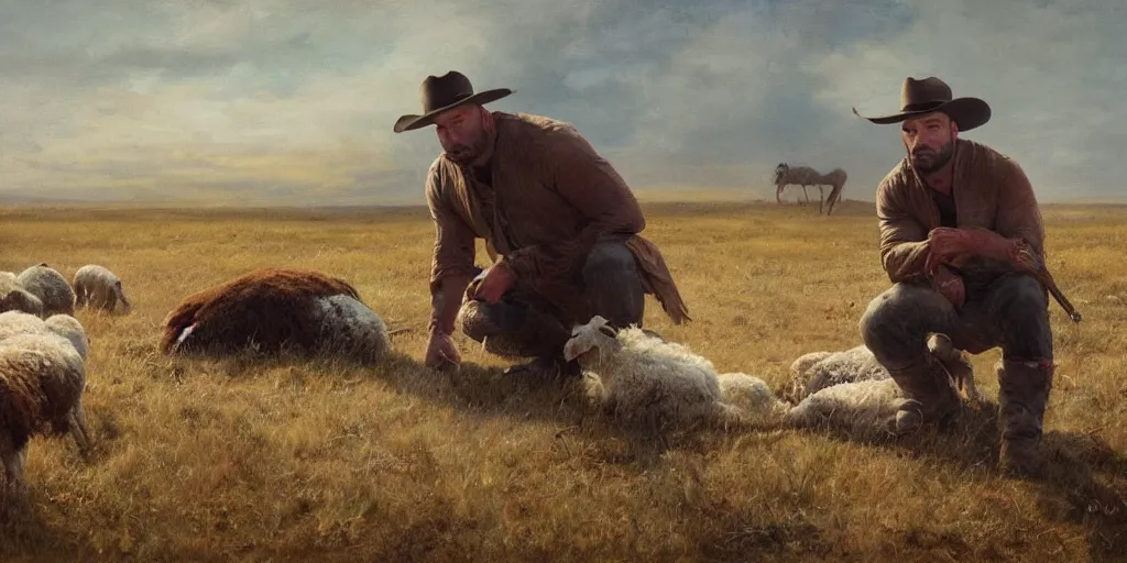 Prompt: Oil painting of Dave Bautista in the old west inspecting a dead sheep outside the cabin on the prairie, volumetric lighting, cinematic