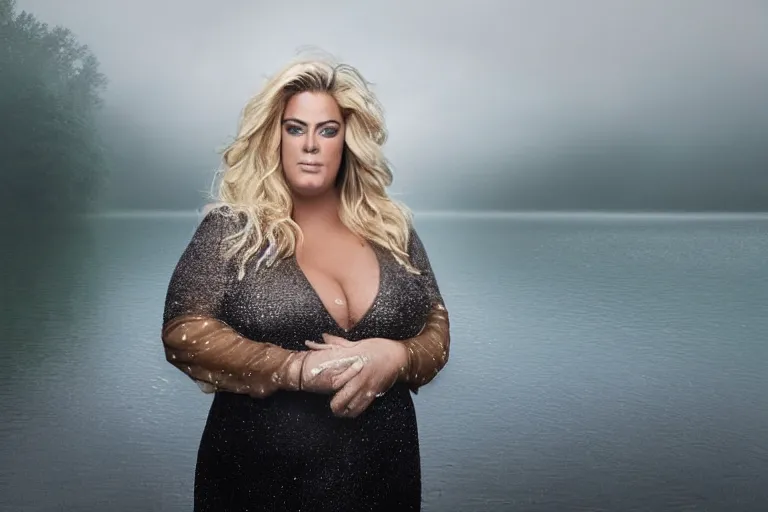 Prompt: a cinematic painting of gemma collins stood near a lake on a rainy day, beautiful lighting, high depth, ultra realistic, artistic, by annie leibovitz