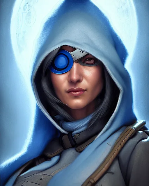 Image similar to ana from overwatch, eye patch, older woman, gray hair, blue hooded cloak, character portrait, portrait, close up, highly detailed, intricate detail, amazing detail, sharp focus, vintage fantasy art, vintage sci - fi art, radiant light, caustics, by boris vallejo