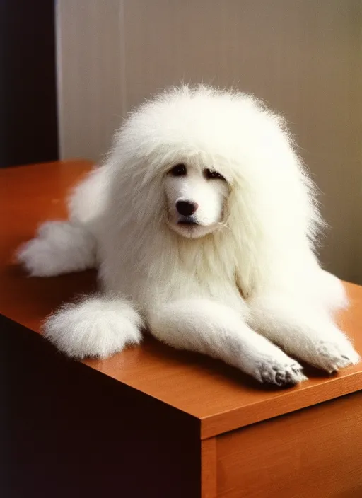 Image similar to realistic photo of a white fluffy hairy sweater, straight laying on a wooden desk 1 9 9 0, life magazine reportage photo, natural colors