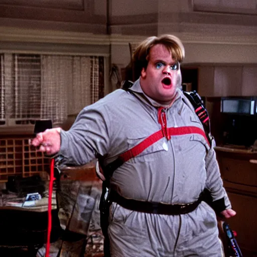 Prompt: Chris Farley as a Ghostbuster in a still from the movie Ghostbusters 8k hdr highly detailed