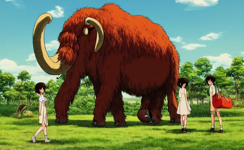 Image similar to a realistic cell - shaded studio ghibli concept art from paprika ( 2 0 0 6 ) of a giant wooly mammoth. very dull colors, wide shot, hd, 4 k, hq