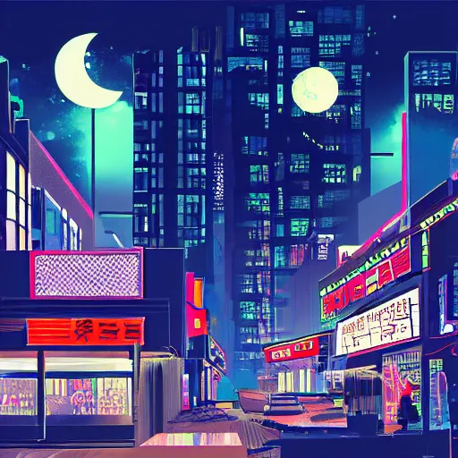 Image similar to abstract city street buildings fragments and neon signs floating, night, big moon trending on pixiv fanbox