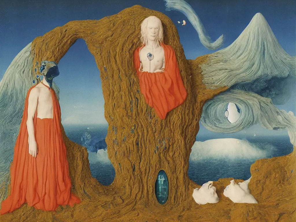 Image similar to Portrait of albino mystic with blue eyes, with portal to another realm. Landscape with lapis lazuli tsunami, giant wave. Painting by Jan van Eyck, Audubon, Rene Magritte, Agnes Pelton, Max Ernst, Walton Ford