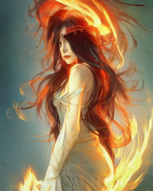 Image similar to beautiful long haired anime girl, fire dress, full body photo, flames everywhere, highly detailed, digital painting, artstation, concept art, smooth, sharp focus, illustration, art by artgerm and greg rutkowski and alphonse mucha