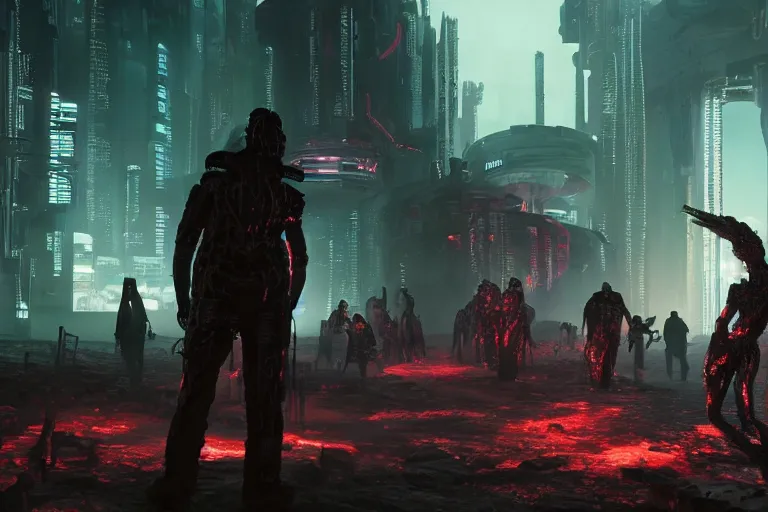 Image similar to cyberpunk landscape of hell with people suffering and ghost, futuristic look, highly detailed body, very powerful, photorealistic camera shot, bright studio setting, studio lighting, crisp quality and light reflections, unreal engine 5 quality render