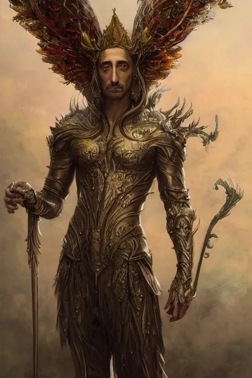 Image similar to full body portrait shot of adrien brody as king oberon, fairy wings, lord of beasts, highly detailed, digital painting, artstation, concept art, soft focus, depth of field, artgerm, tomasz alen kopera, peter mohrbacher, donato giancola, wlop, boris vallejo