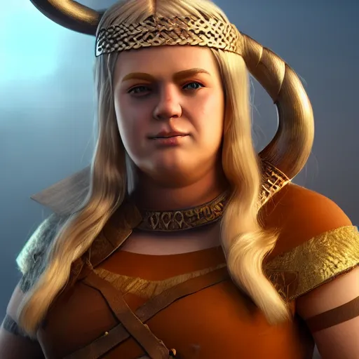 Image similar to a handsome corpulent viking girl with blond hair, clash royal style characters, unreal engine 5, octane render, detailed, cinematografic, cinema 4 d