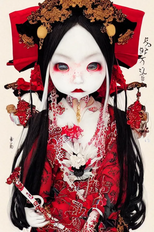 Image similar to avant - garde japanese bjd geisha vampire queen in victorian red dress in the style of dark - fantasy lolita fashion painted by yoshitaka amano, takato yamamoto, james jean, dmt art, symmetrical vogue face portrait, volumetrics, intricate detail, artstation, cgsociety, artgerm, gold skulls, rococo