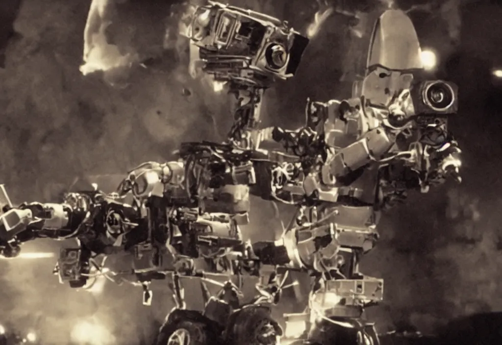 Image similar to a screenshot of a movie depicting a female robot carrying a movie camera with a huge explosion behind her