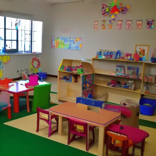 Image similar to childrens daycare indoors limital space, not well litt, creepy photo