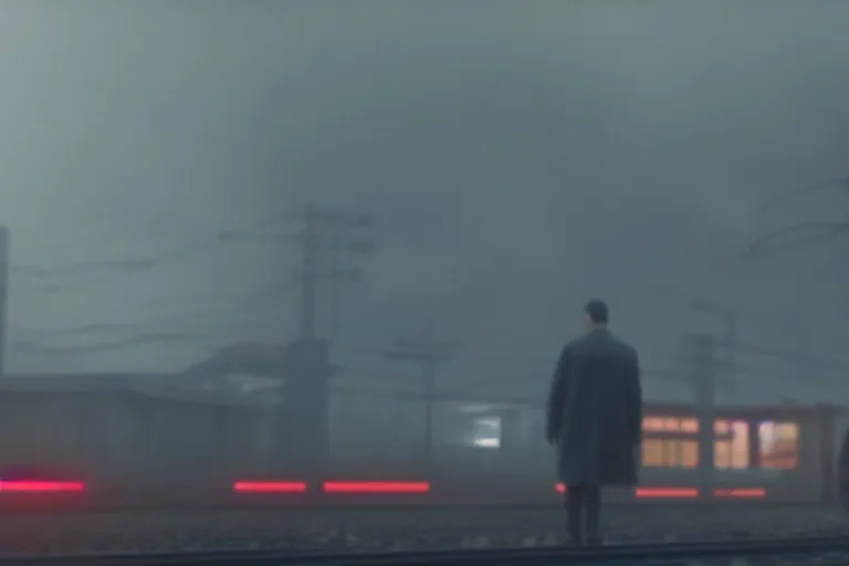 Image similar to film still of closeup drama in blade runner 2 0 4 9, train station, cinematic, moody, gritty neon noir by emmanuel lubezki