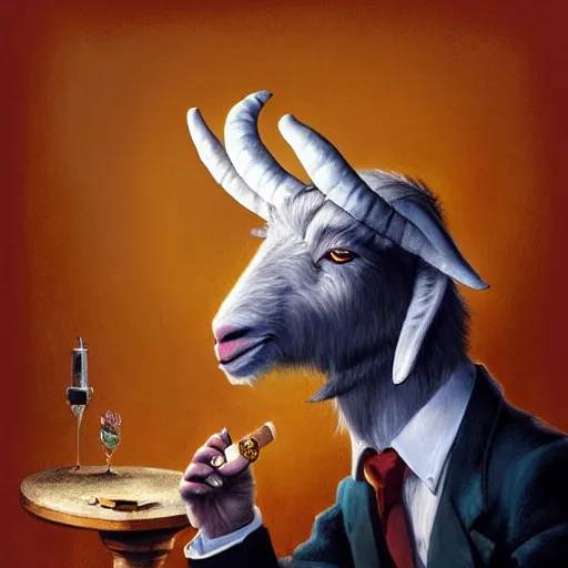 Image similar to commissioned artwork of a furry anthro goat smoking a cigar, three piece suit, painted todd lockwood, jeff easley, greg rutkowski, james gurney, artgerm, digital art, trending on artstation, award - winning, vivid, detailed