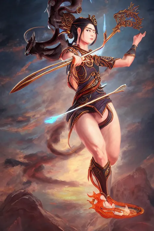 Image similar to a masterpiece portrait of nezha, legendary god holding spear, hero action pose, fantasy character portrait, hyper detailed, digital painting, 8 k realistic, trending on artstation, sharp focus, dof, by fenghua zhong, artgerm, ne zha from smite, tsuyoshi nagano, phonenix in background