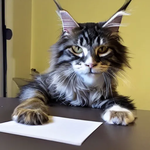 Image similar to my maine coon cat typing up a list of grievances to email to the management about the lack of treats. 3D, Pixar, animated movie still