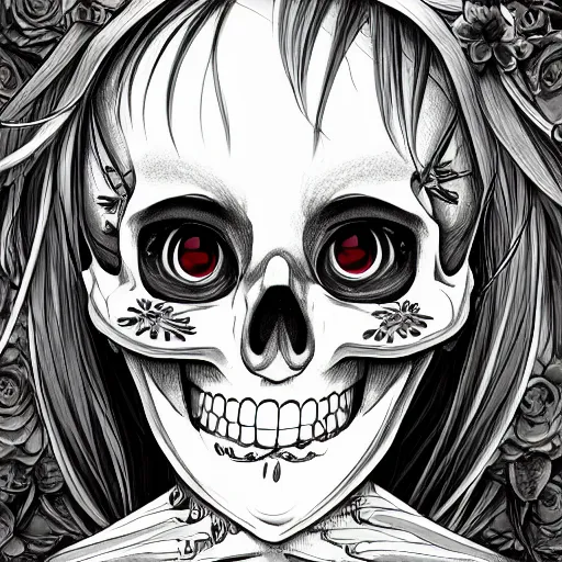 Prompt: manga fine details portrait of joyful skull girl skeleton, flowers. Death, anime by Studio Ghibli. 8k render, sharp high quality anime illustration in style of Ghibli, artstation