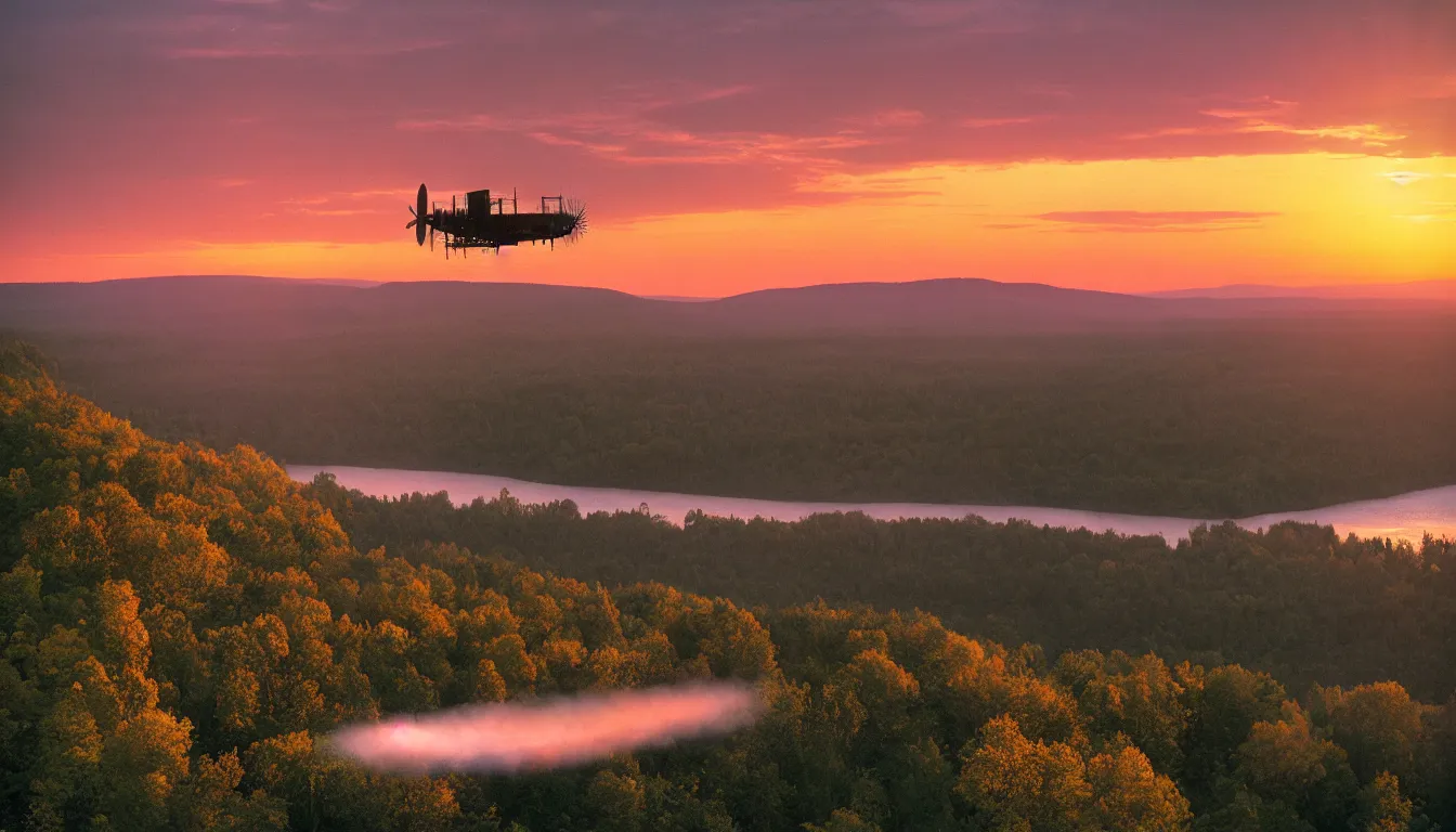 Image similar to a steam powered flying boat flies above a river valley at sunset, photograph with lighting by frederic edwin church, golden hour, nature, 2 4 mm lens, fujifilm, fuji velvia, flickr, 5 0 0 px, award winning photograph, highly detailed, beautiful capture, rule of thirds, crepuscular rays, steam punk