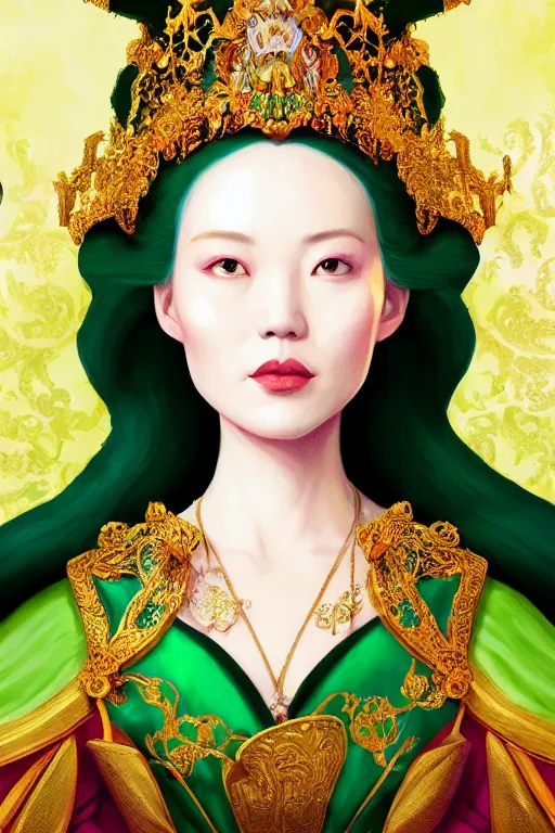 Prompt: a beautiful empress portrait, with a brilliant, impossible striking shiny big emerald headpiece, emerald robes, Alice in wonderland, rococo, baroque, jewels, asian, realistic, closeup, D&D, fantasy, intricate, elegant, highly detailed, digital painting, symmetrical, artstation, octane render, 8k, concept art, matte, sharp focus, illustration, art by Artgerm and Greg Rutkowski and Alphonse Mucha