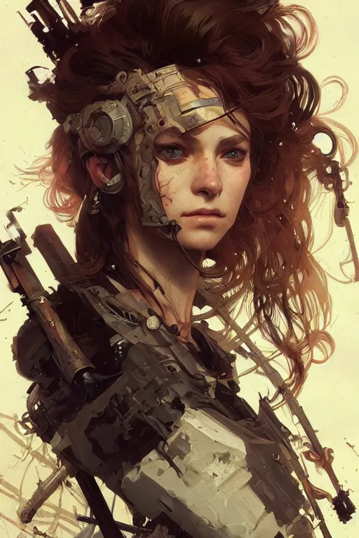 Image similar to A full portrait of a beautiful post apocalyptic offworld huntress, intricate, elegant, highly detailed, digital painting, artstation, concept art, smooth, sharp focus, illustration, art by Krenz Cushart and Artem Demura and alphonse mucha