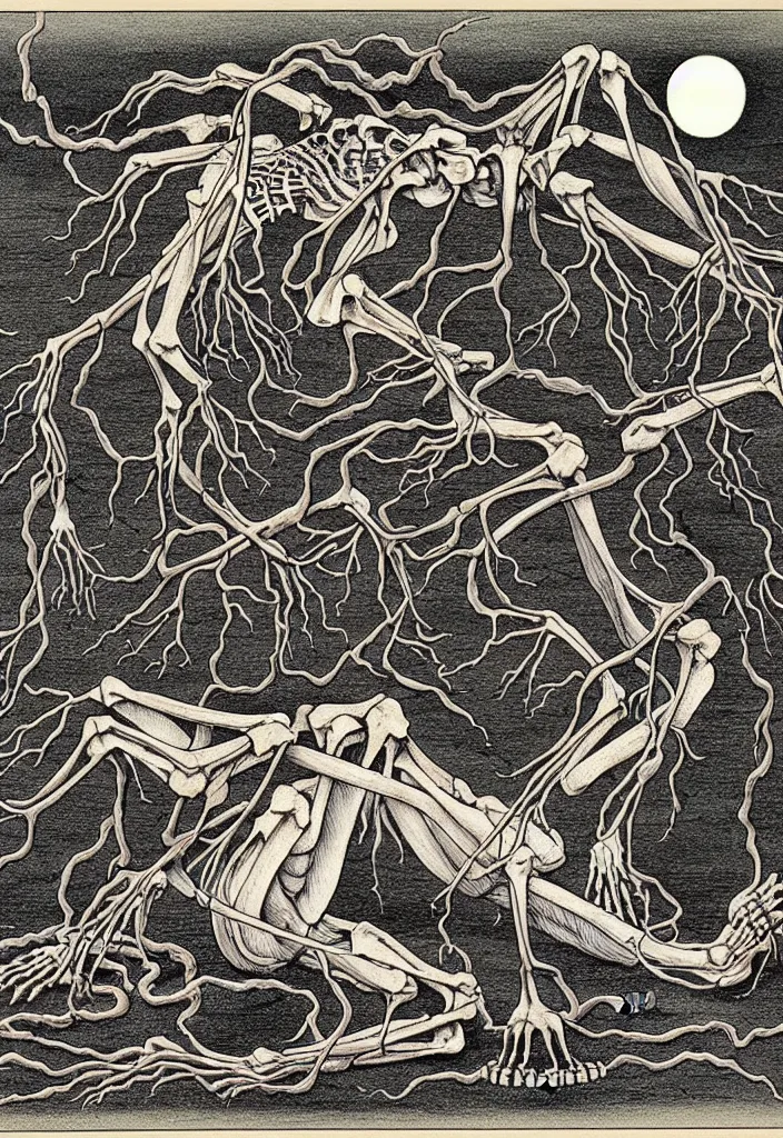 Image similar to prompt: anatomy dissection drawing skeleton Bonsai tree squid creature roots merging into big moon drawn by Takato Yamamoto, bonsai skeleton anatomy atlas, veins and organs attached to tree roots, alchemical objects inspired by 1980's sci-ci, old experimentation cabinet, intricate oil painting detail, manga 1980