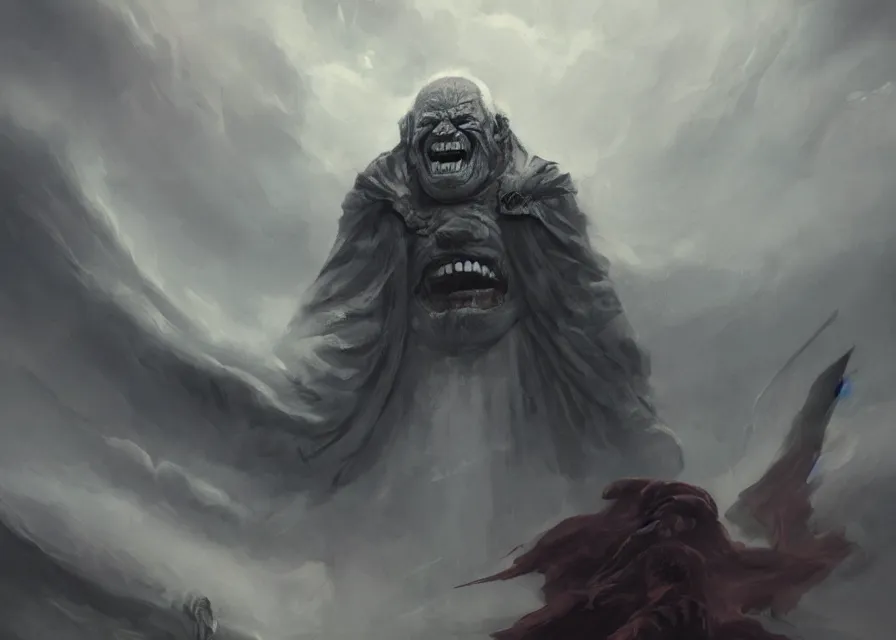 Image similar to abstract painting of giant Joe Biden grinning evil emperor of the world emerging in dark clouds, Sidious, noxious, cosmic horror, evil, dangerous, trending on ArtStation, masterpiece, by Greg Rutkowski, by Ross Tran, by Fenghua Zhong, octane, lightbeam eyes, soft render, clear facial features, oil on canvas, immense crowd of imploring people, moody lighting, cinematic, professional environment concept art