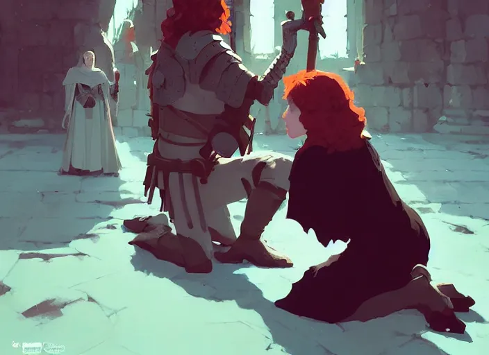 Prompt: brunette male lord knelt before the red - haired queen, medieval times by atey ghailan, by greg rutkowski, by greg tocchini, by james gilleard, by joe fenton, by kaethe butcher, dynamic lighting, gradient light blue, brown, blonde cream and white color scheme, grunge aesthetic